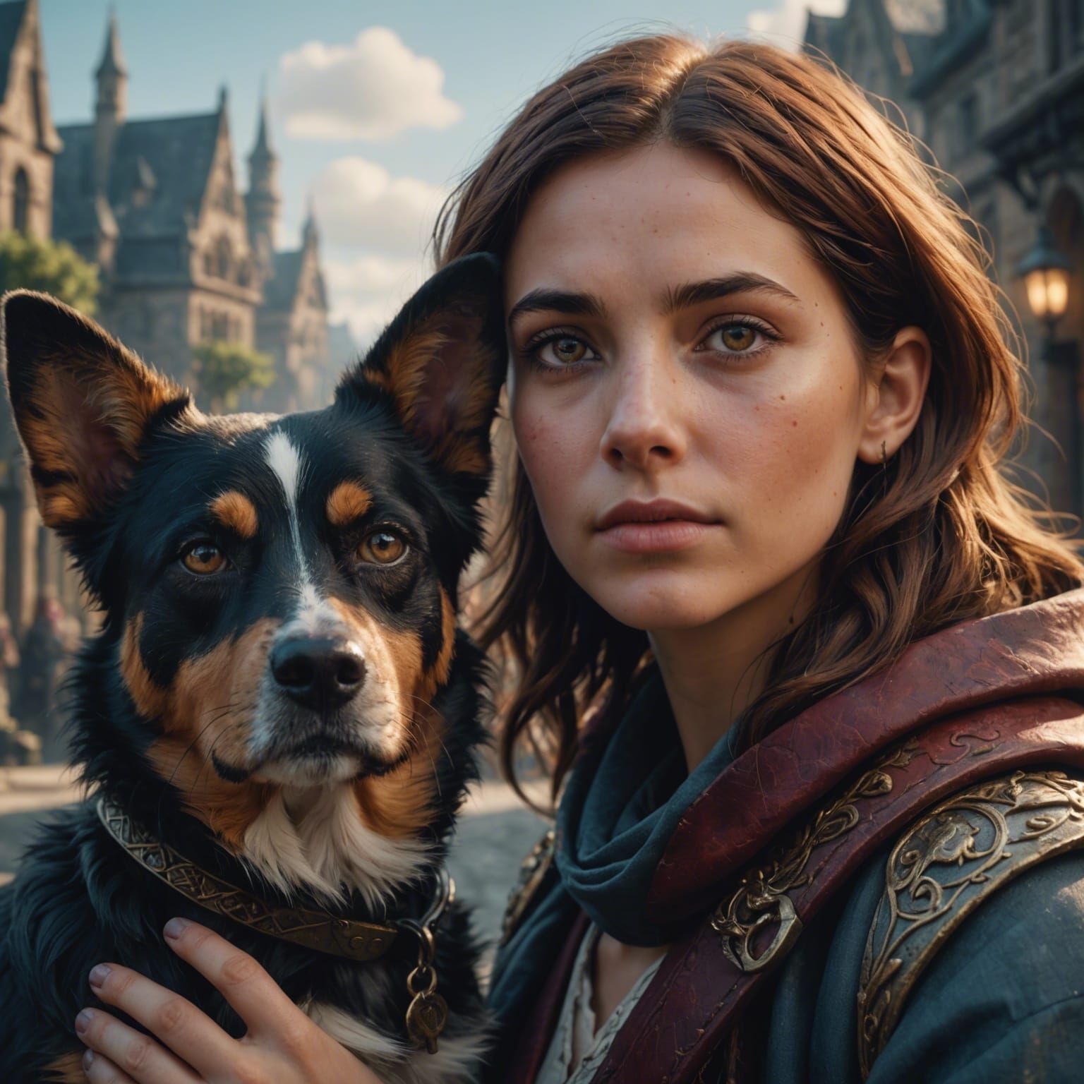 Young Woman with Dog: Detailed Matte Painting