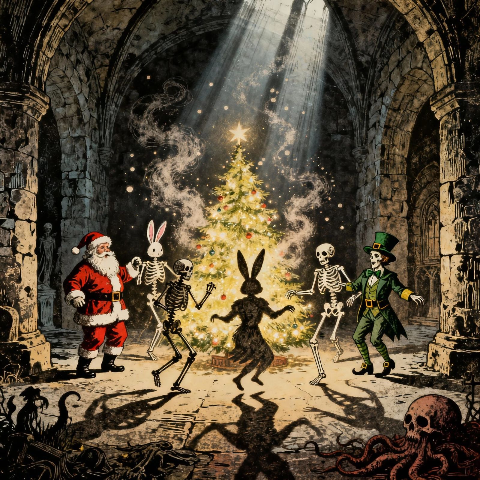 Surreal Crypt Dance: Santa, Skeletons, and Easter Bunny