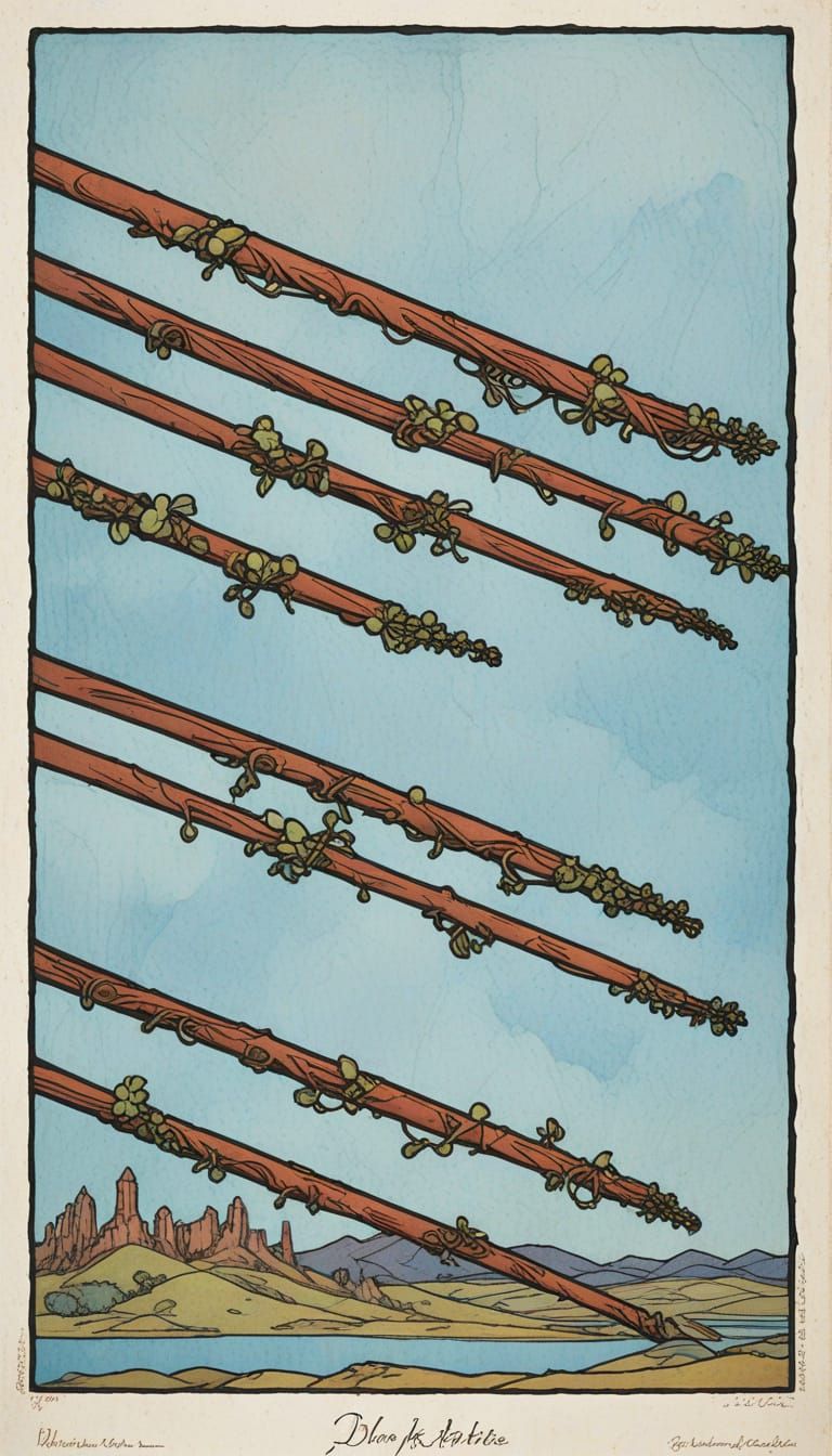 Eight Staffs Soar Through Vibrant Skies in Art Nouveau Style