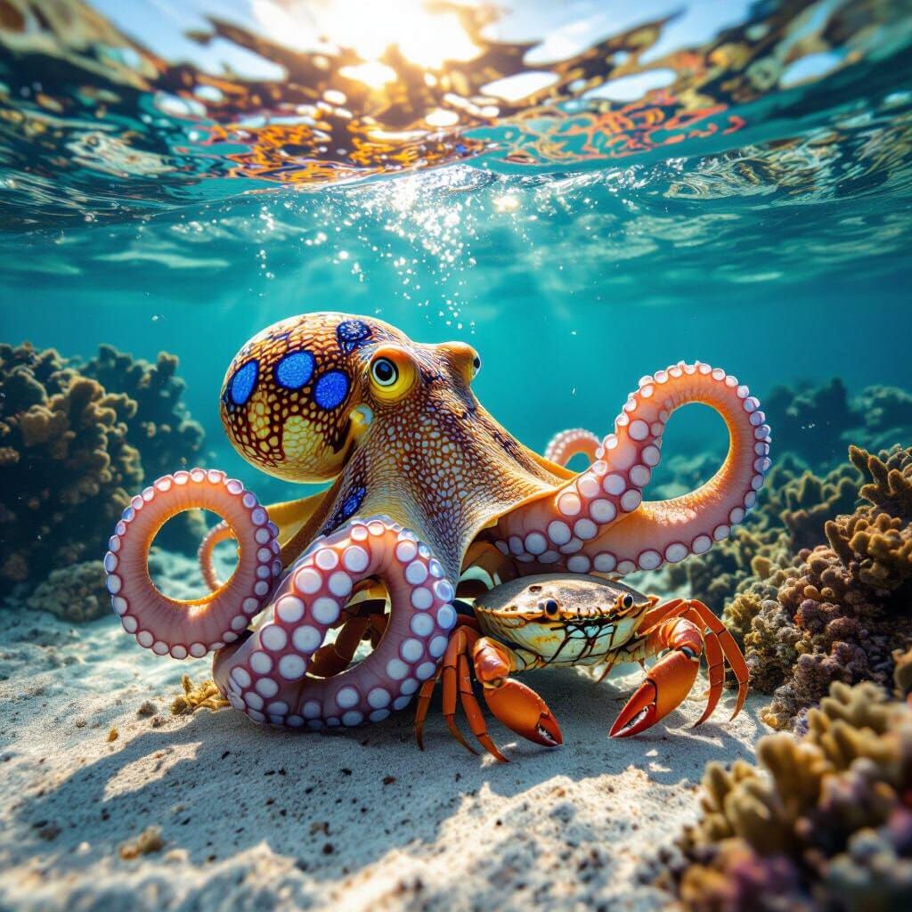 Blue-Ringed Octopus Hunts Crab in Coral Reef