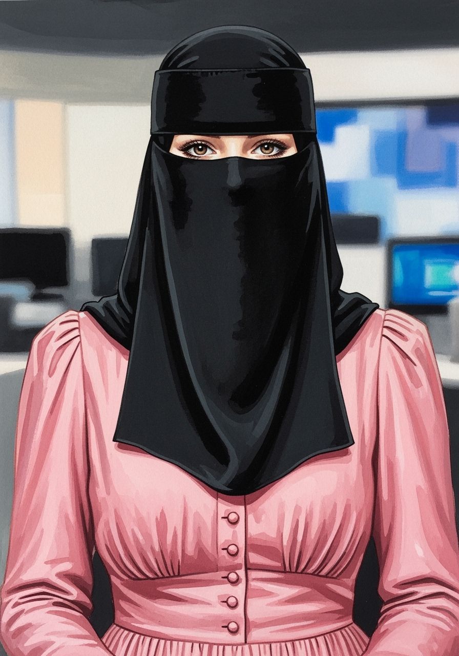 Niqabi News Presenter Portrait in Gouache Style