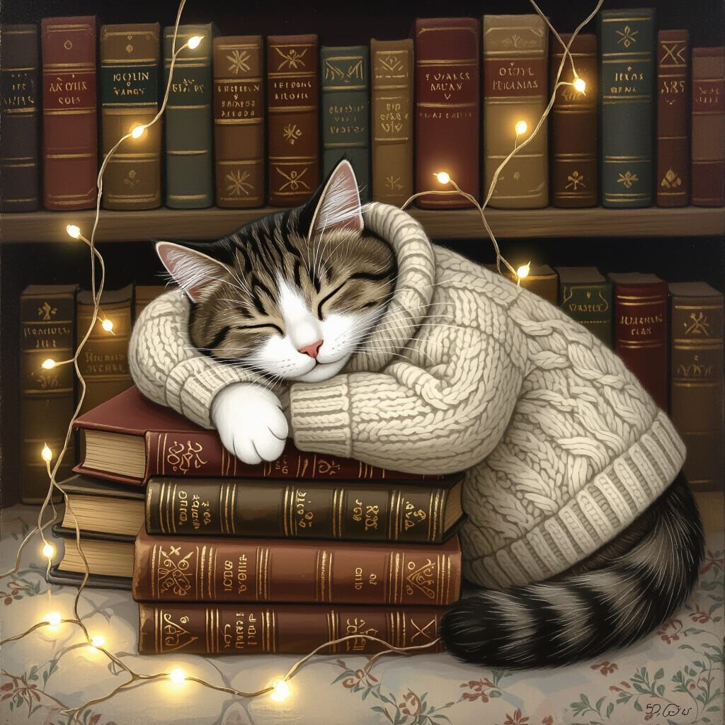 Cozy Cat Sleeps on Vintage Books with Fairy Lights
