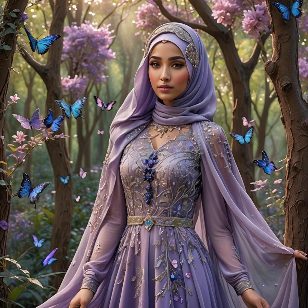 Enchanted Arabian Woman in Crystalline Butterfly Forest
