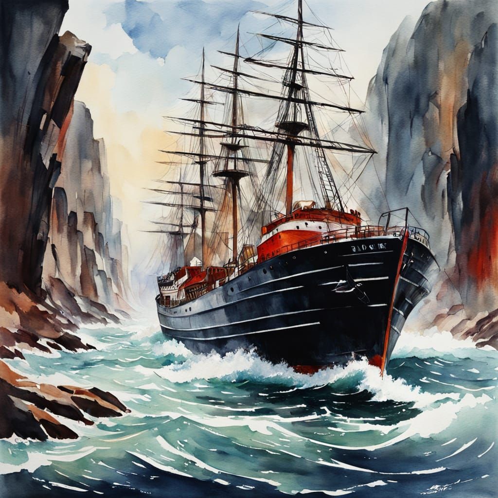 Epic Chaos on a Drowning Ship in Impressive Gouache Style