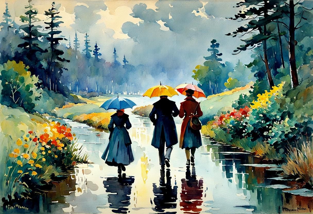 Rainy Morning Walk as Watercolor Painting