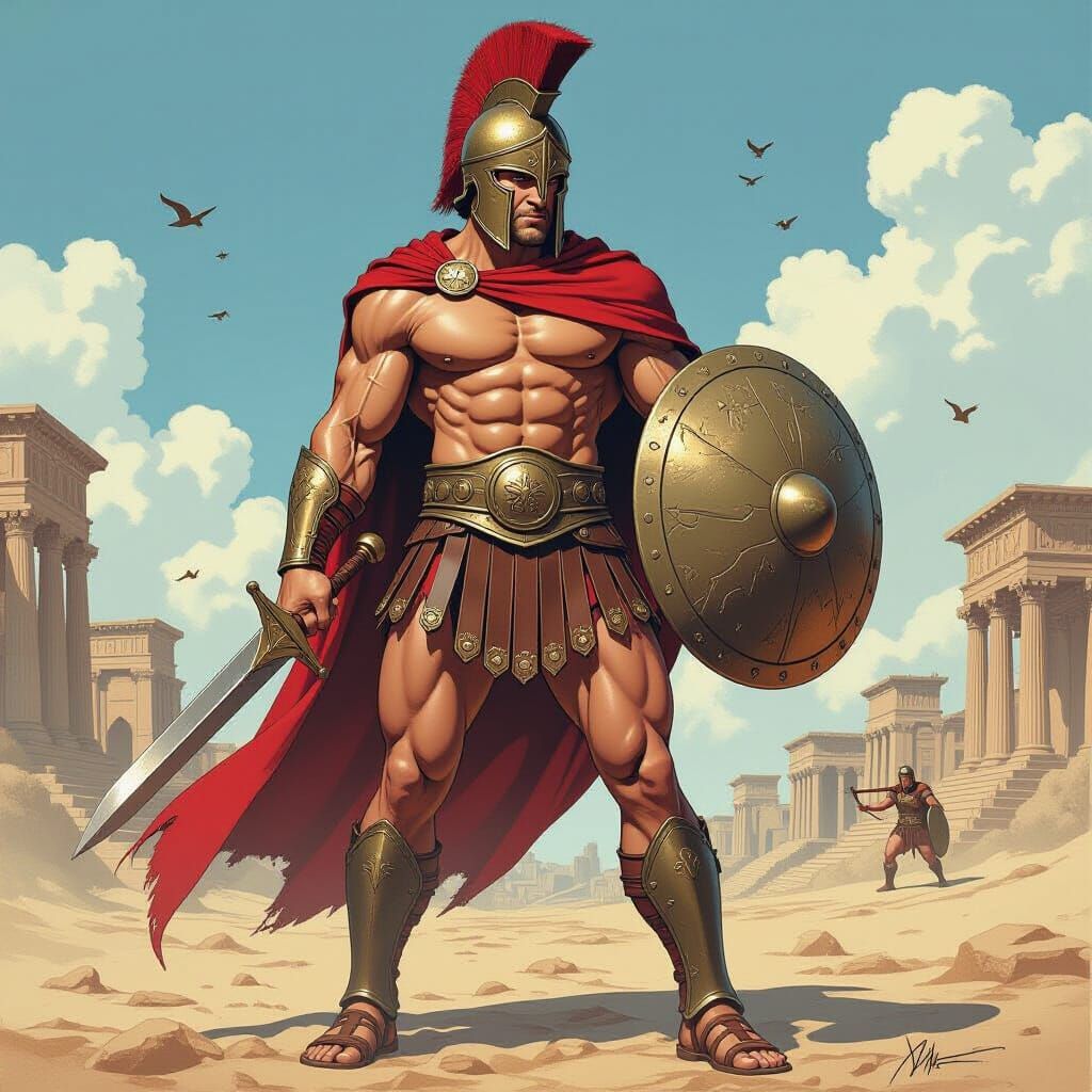 Spartan Conan in Action: Realistic Comic Book Style