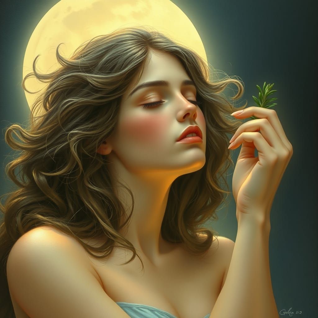 Ethereal Woman in Moonlight: A Romantic Art Nouveau Portrait