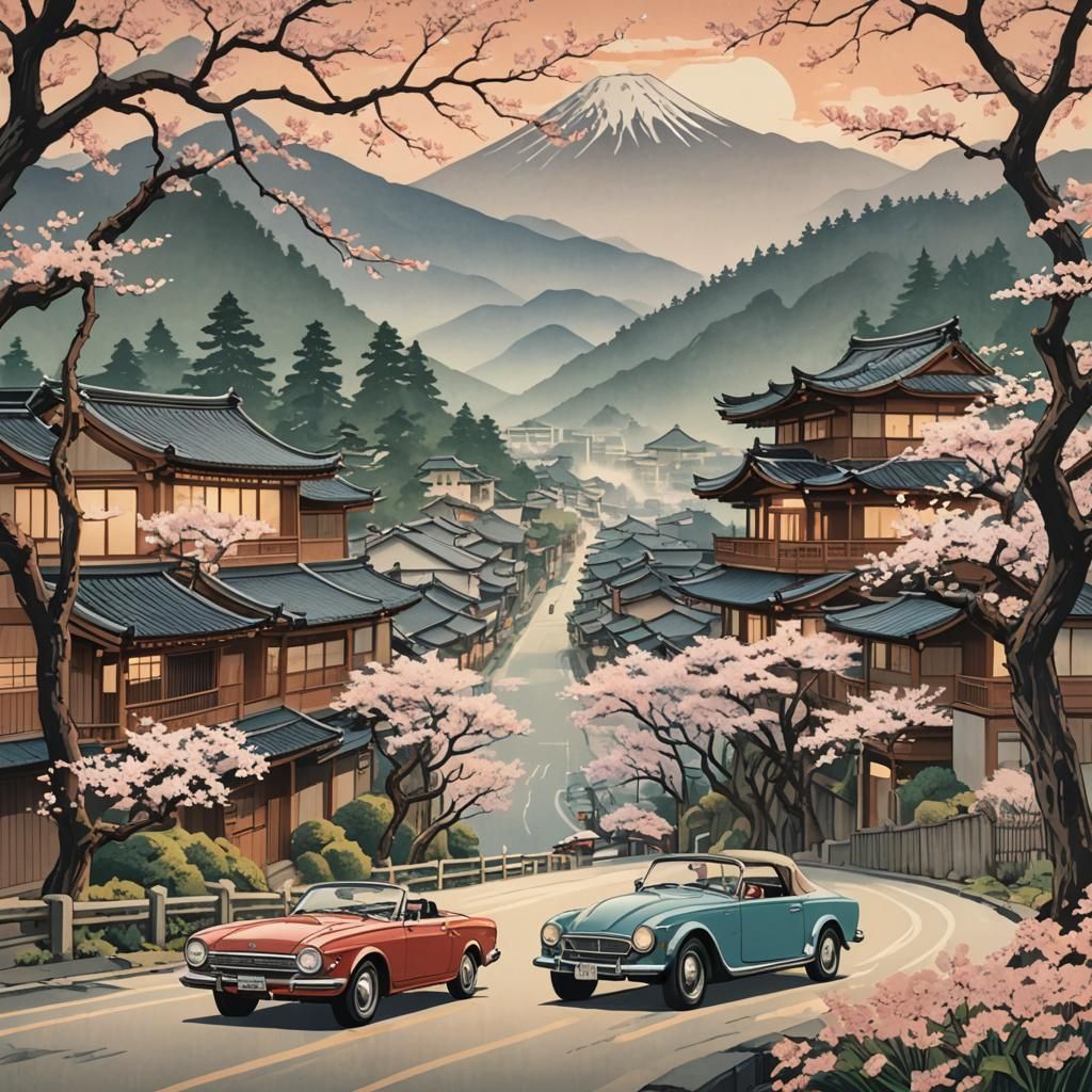 Classic Cars Racing, Ukiyo-e Woodblock Print Style