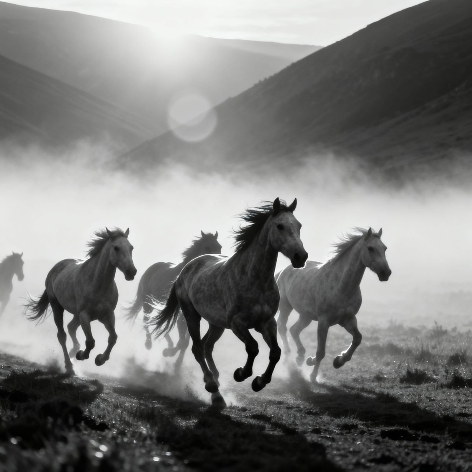 Wild Horses in Misty Valley at Dawn - Black and White Photog...