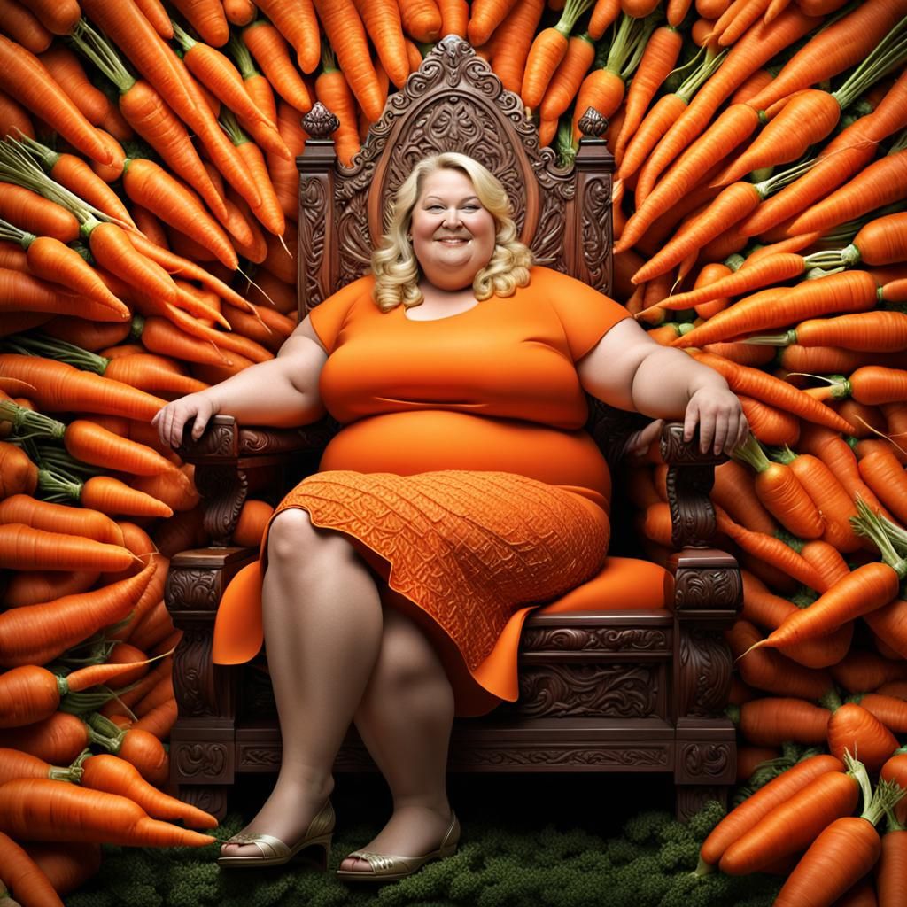 Woman on Carrot Throne: Hyperrealistic 64MP Image