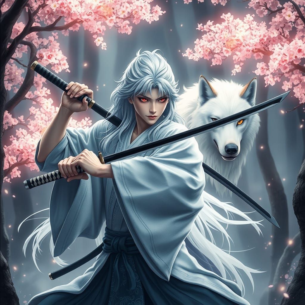 A male Japanese prince with long, flowing, white hair, piercing red eyes, and striking wolf-like features, such as sharp...