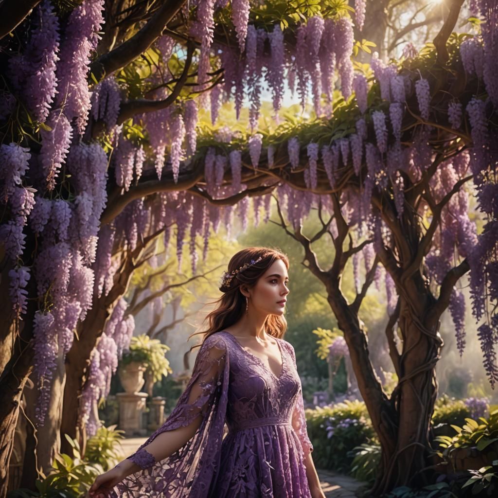 Woman in Purple Dress Under Wisteria Tree