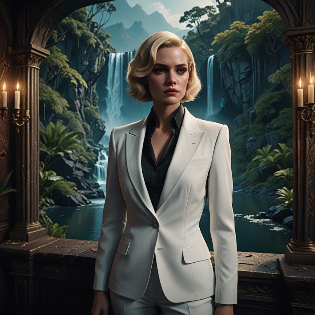 Sleek Blonde Femme Fatale Poses over Lifeless Man in Velvet-...