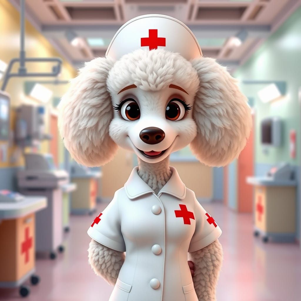 Adorable Poodle Nurse Delights in Hospital Ward