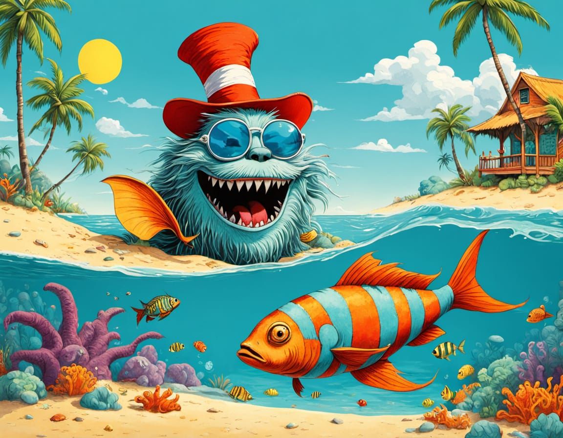 Fluffy Monster Builds Sandcastle on Tropical Beach