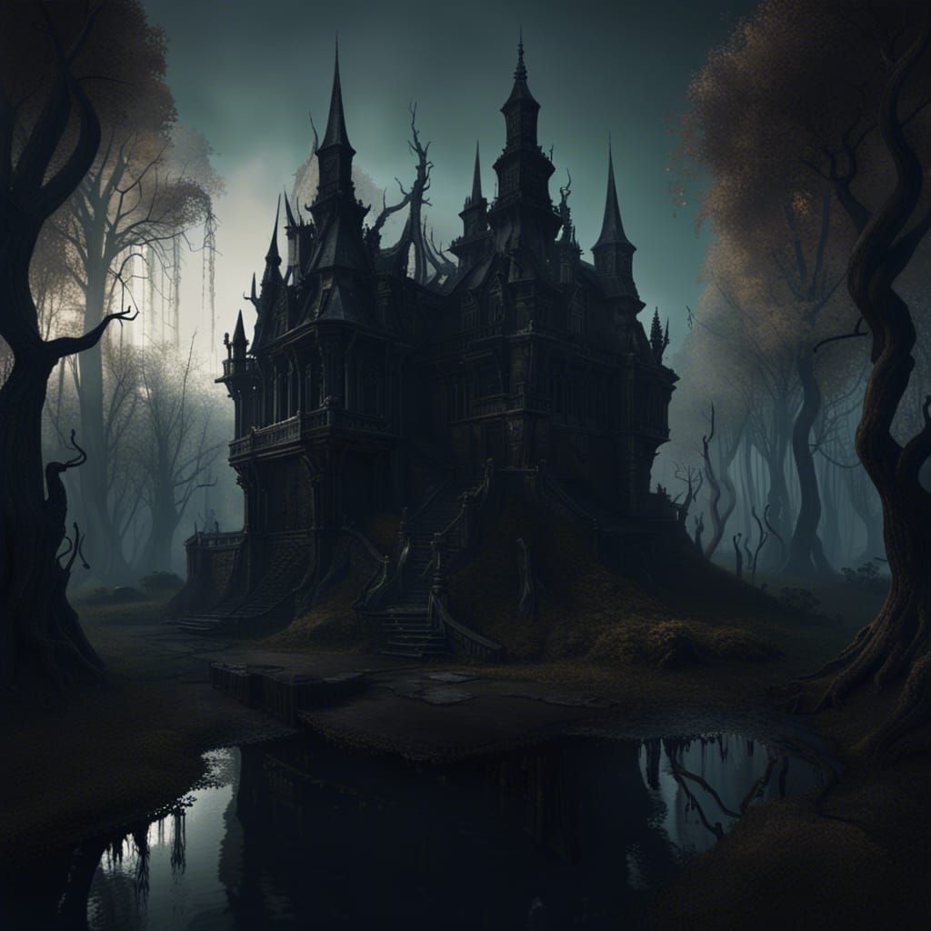 The witches castle in the middle of the blackened swamp trending on Artstation 8k resolution concept art detailed matte ...