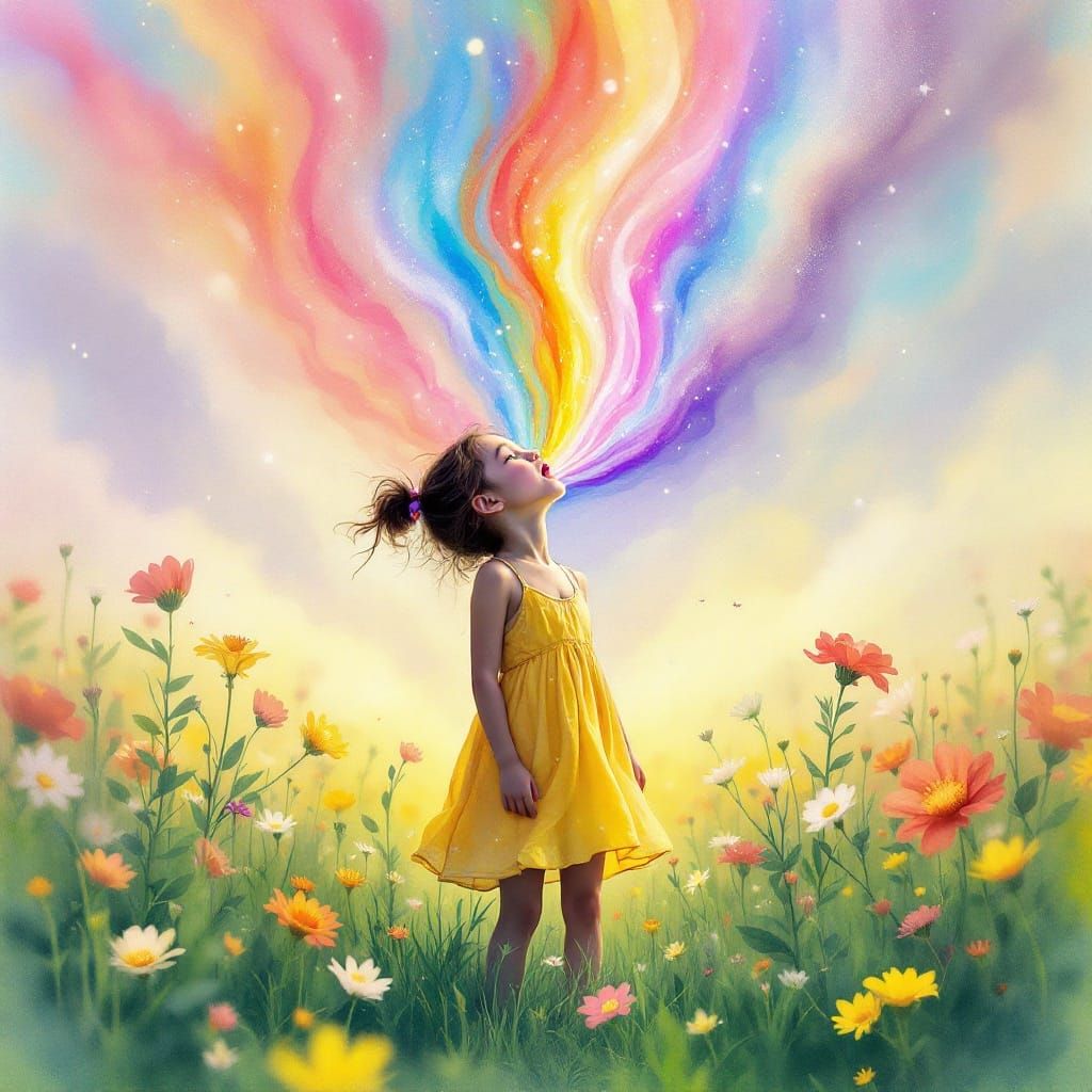 Dreamlike Girl Swallows Rainbow in Whimsical Watercolor Styl...