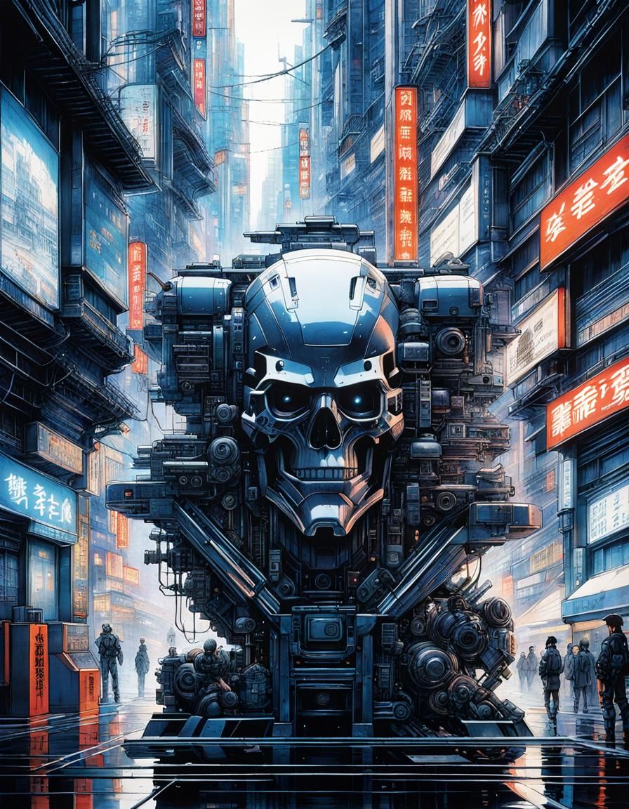 Futuristic Cityscape in Ghost in the Shell Manga Style
