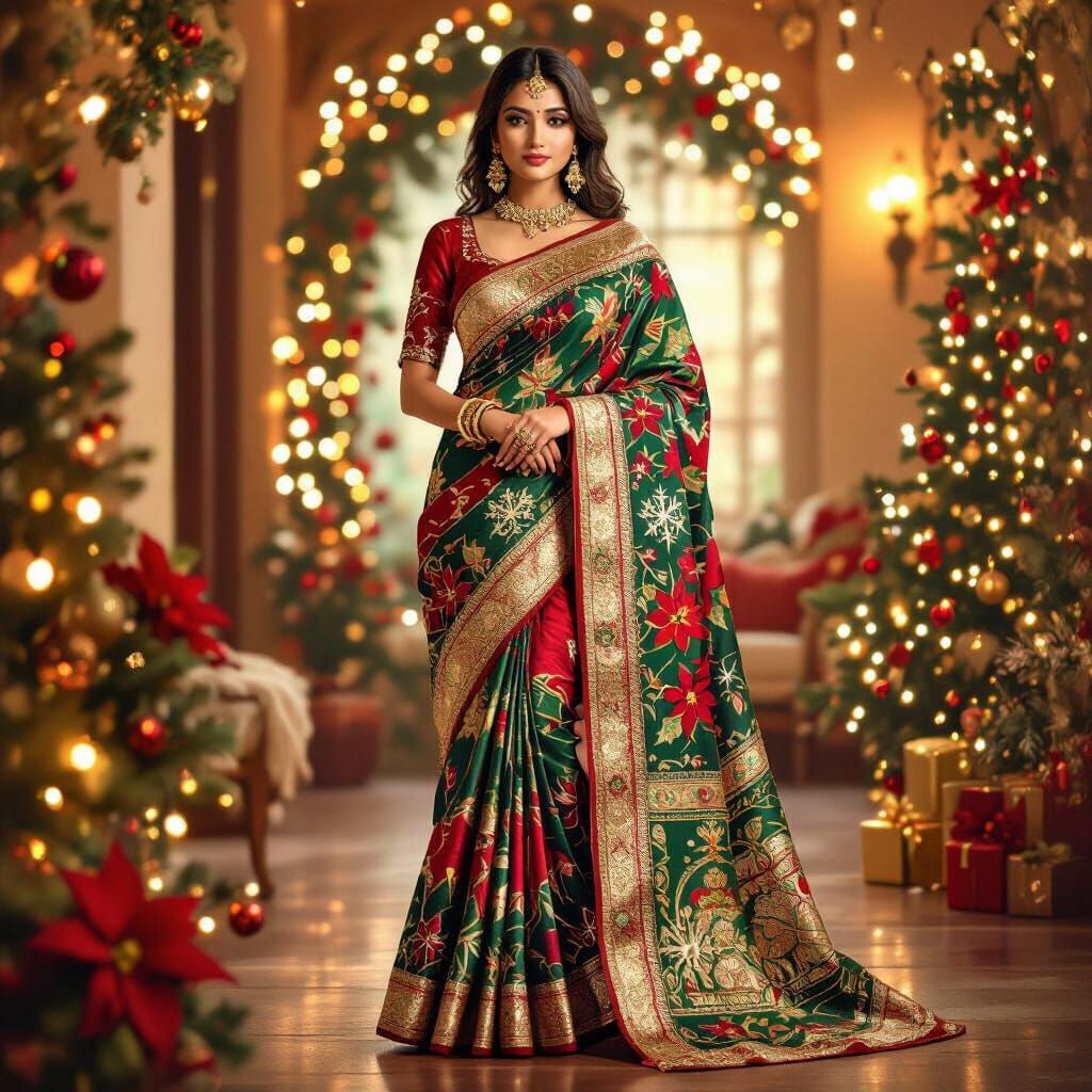 Indian Woman in Festive Christmas Saree