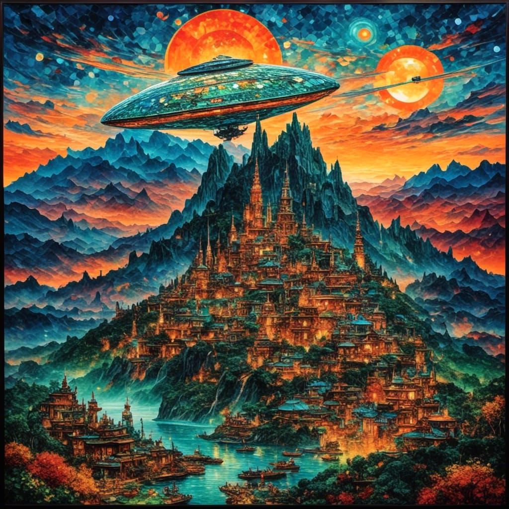 Stained Glass UFO Over Mountain Landscape