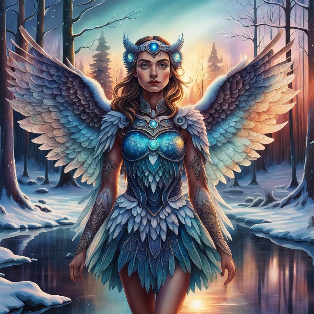 Owl Woman in Winter Forest: Cosmic Illustration