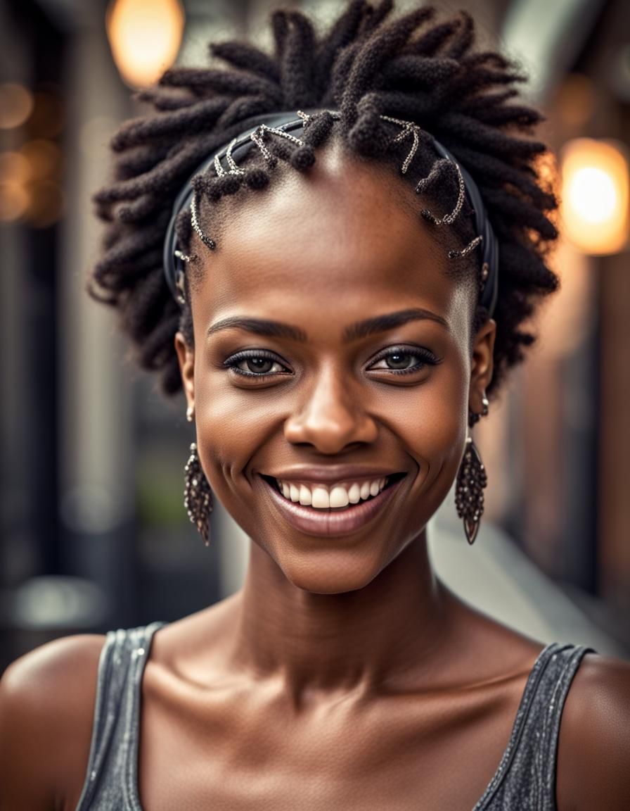 Beautiful Black Woman Smiling in Hyperrealistic Style