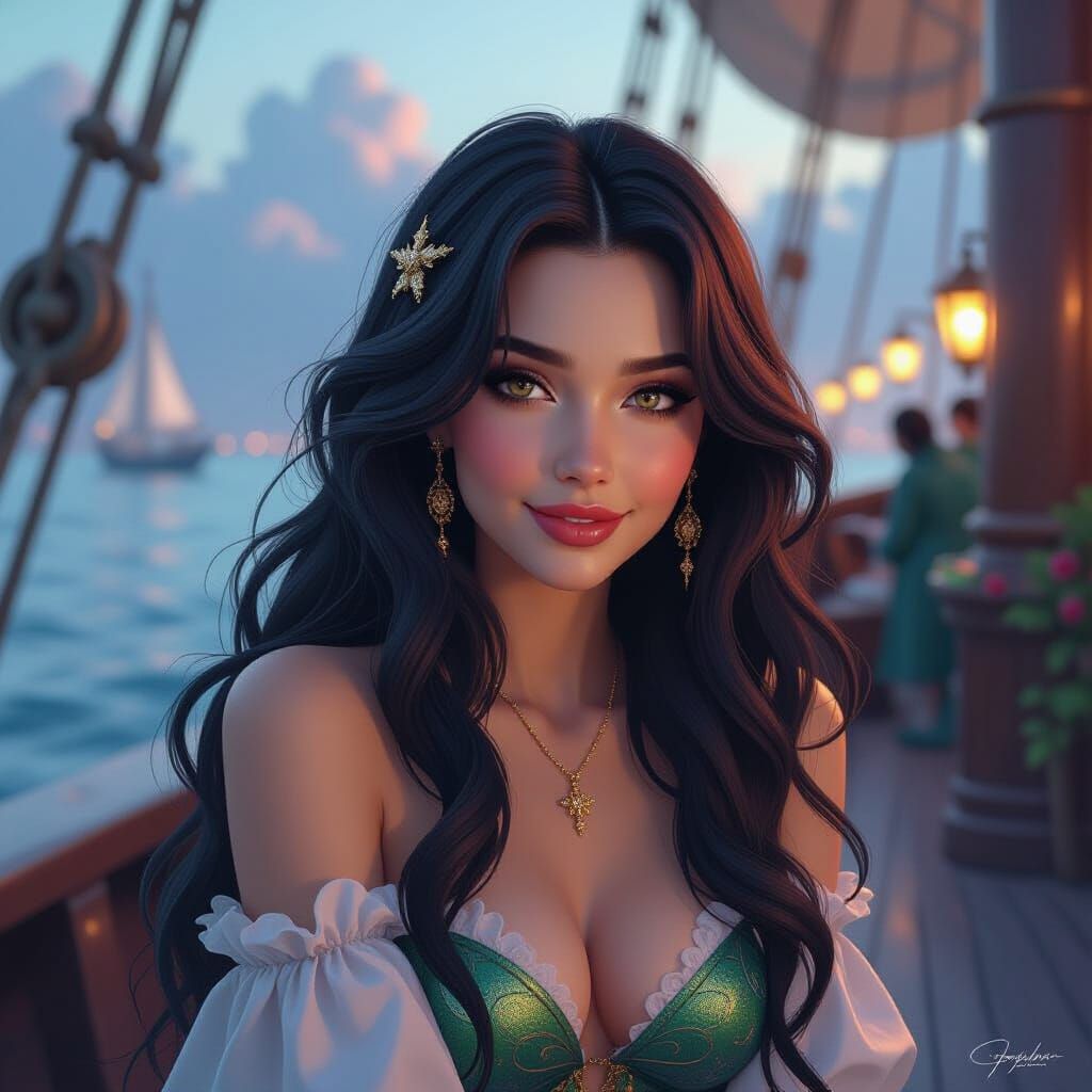 Dark Haired Mermaid Watches Christmas Party on Ship