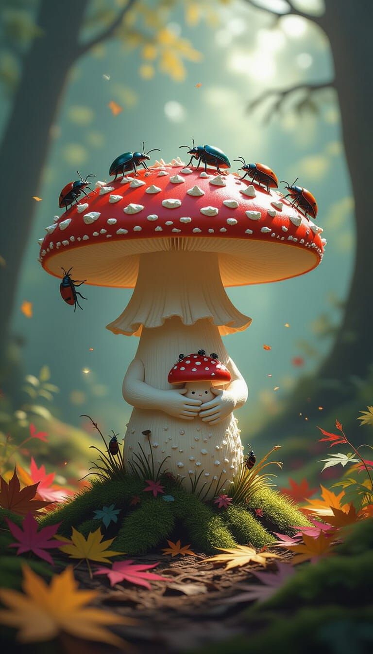 Majestic Red Mushroom with Beetles in Fantasy Forest