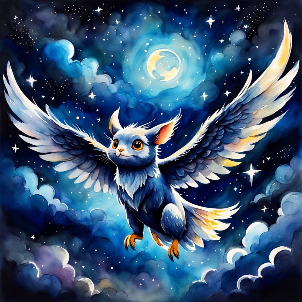 Olen Flying Through Starry Sky in Watercolor Style