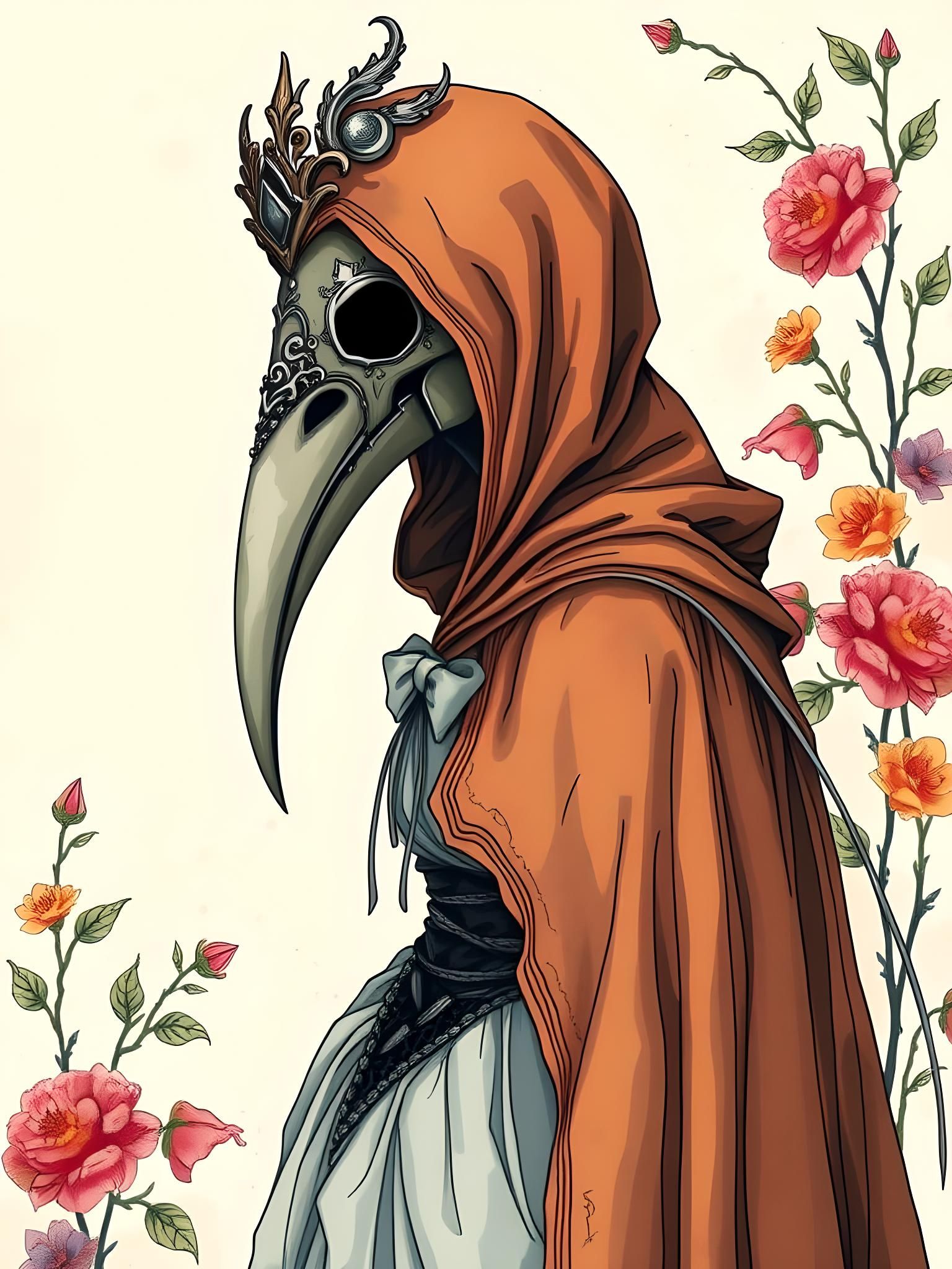 Female Plague Doctor in Rococo Watercolor Style