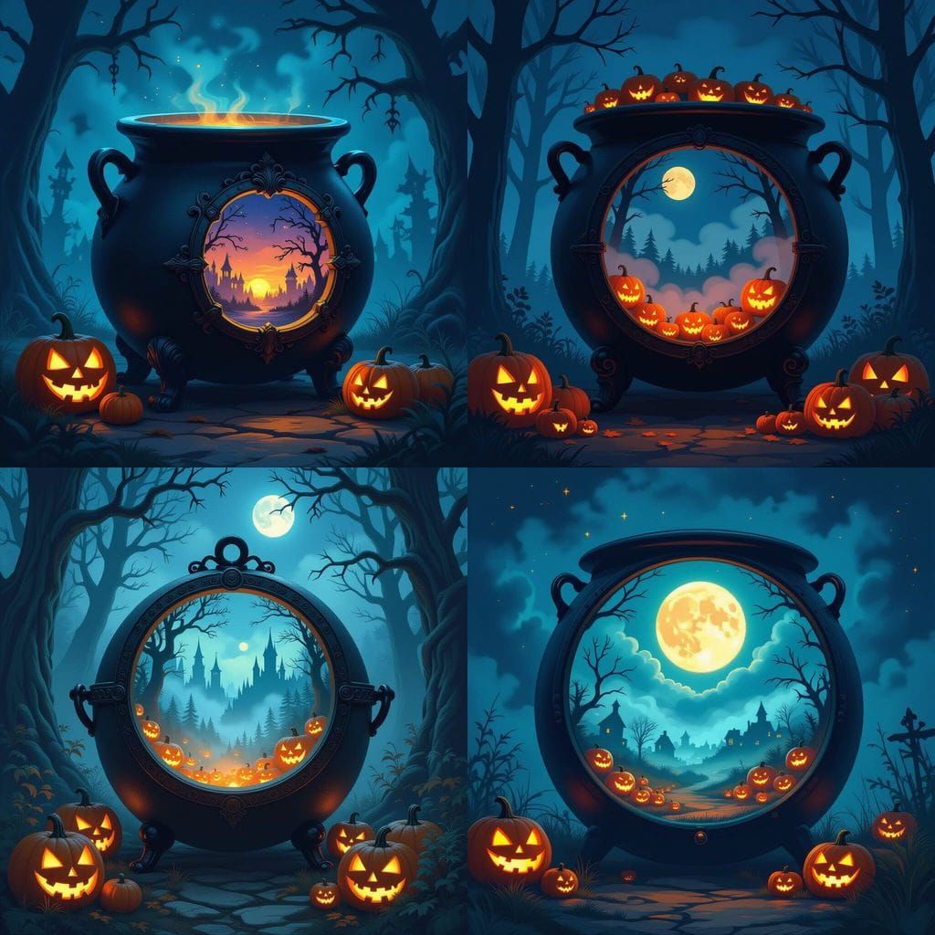 Cauldron with Window to Halloween Night Vista