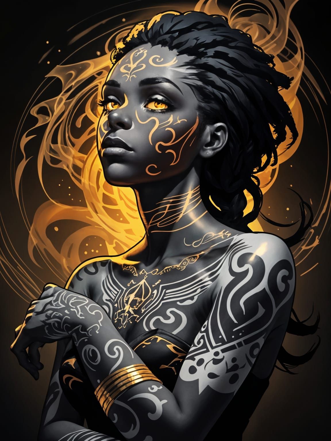Black Woman with White Tattoos in Fantasy Style