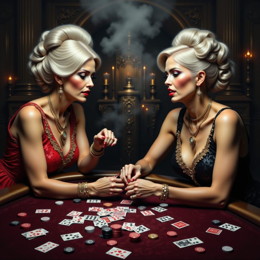 Elderly Women Play Poker in Smoky Casino, Photorealistic