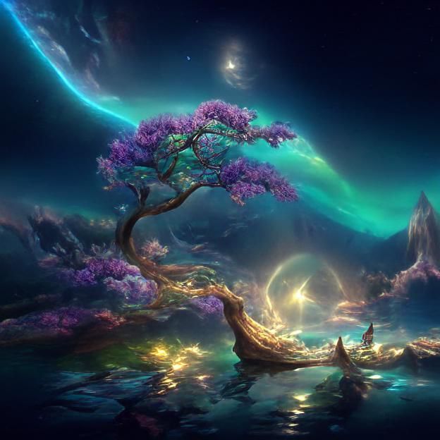 Magical Tree in Mystical Galaxy Sea: Digital Art