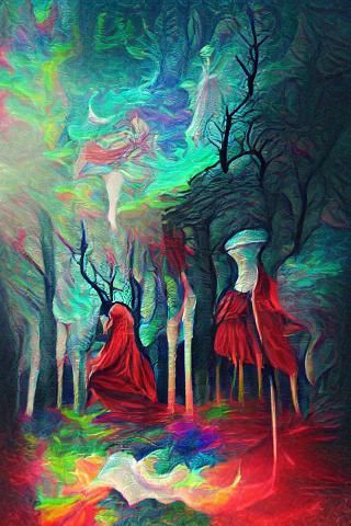 Psychedelic Macbeth Scene with Witches in Forest