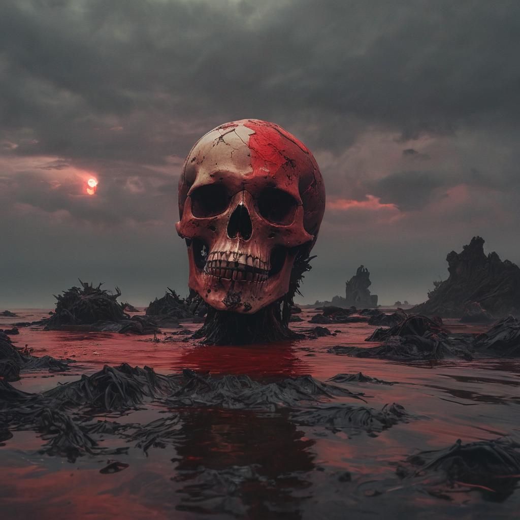 Skull Planet with Blood Ocean in Surrealist Style