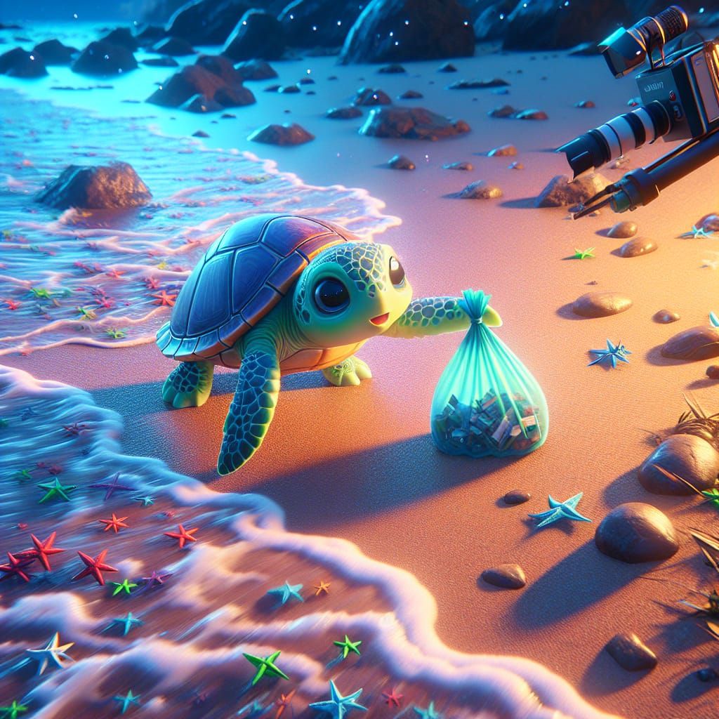 Cute Chibi Turtle Cleans Beach: Fantasy Concept Art