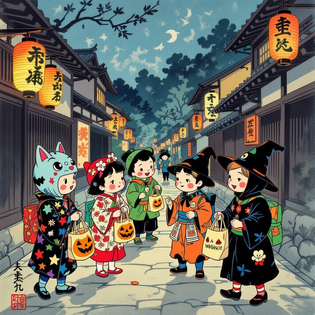 Ukiyo-e Halloween Trick-or-Treating Scene