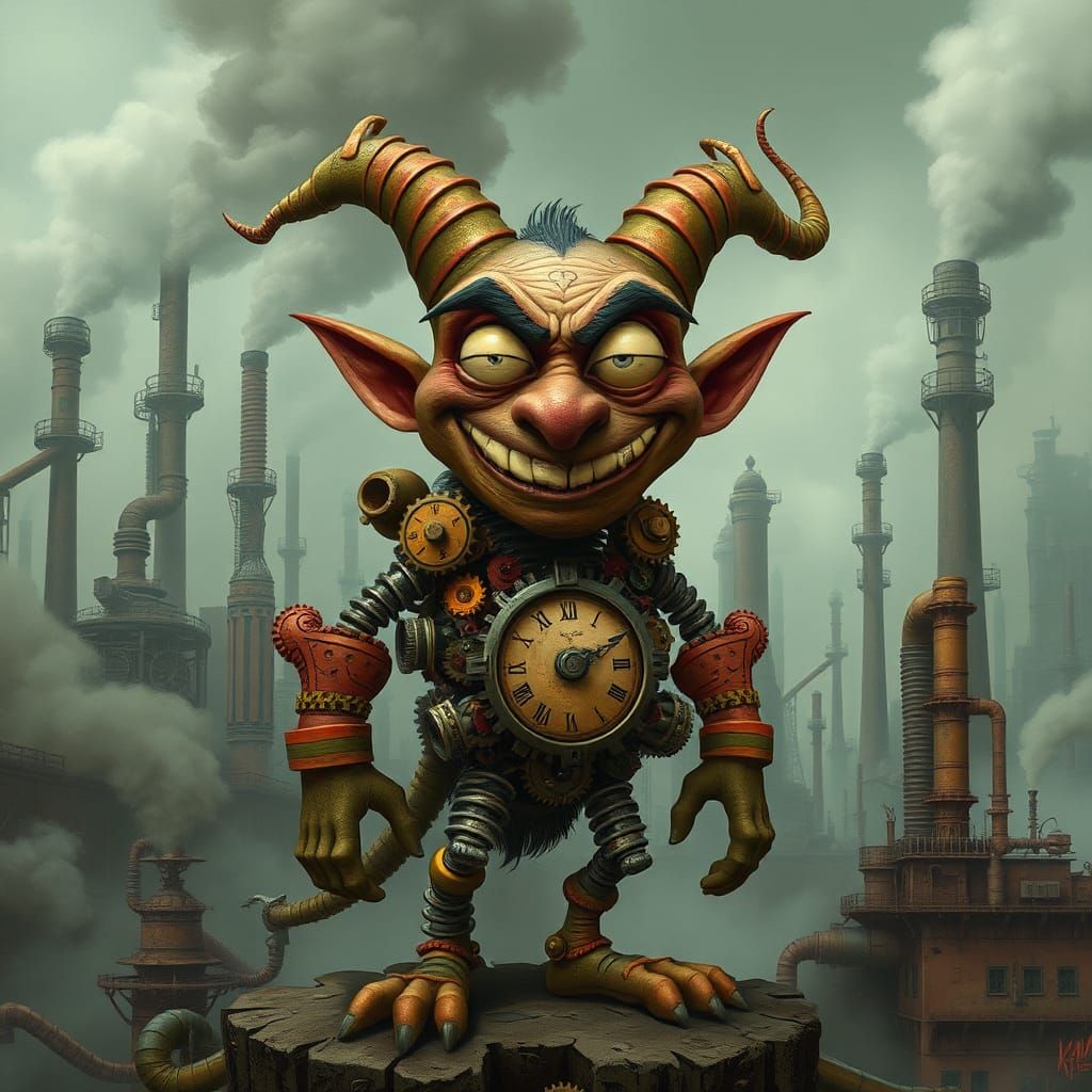 Clockwork Imp in Dystopian Cityscape