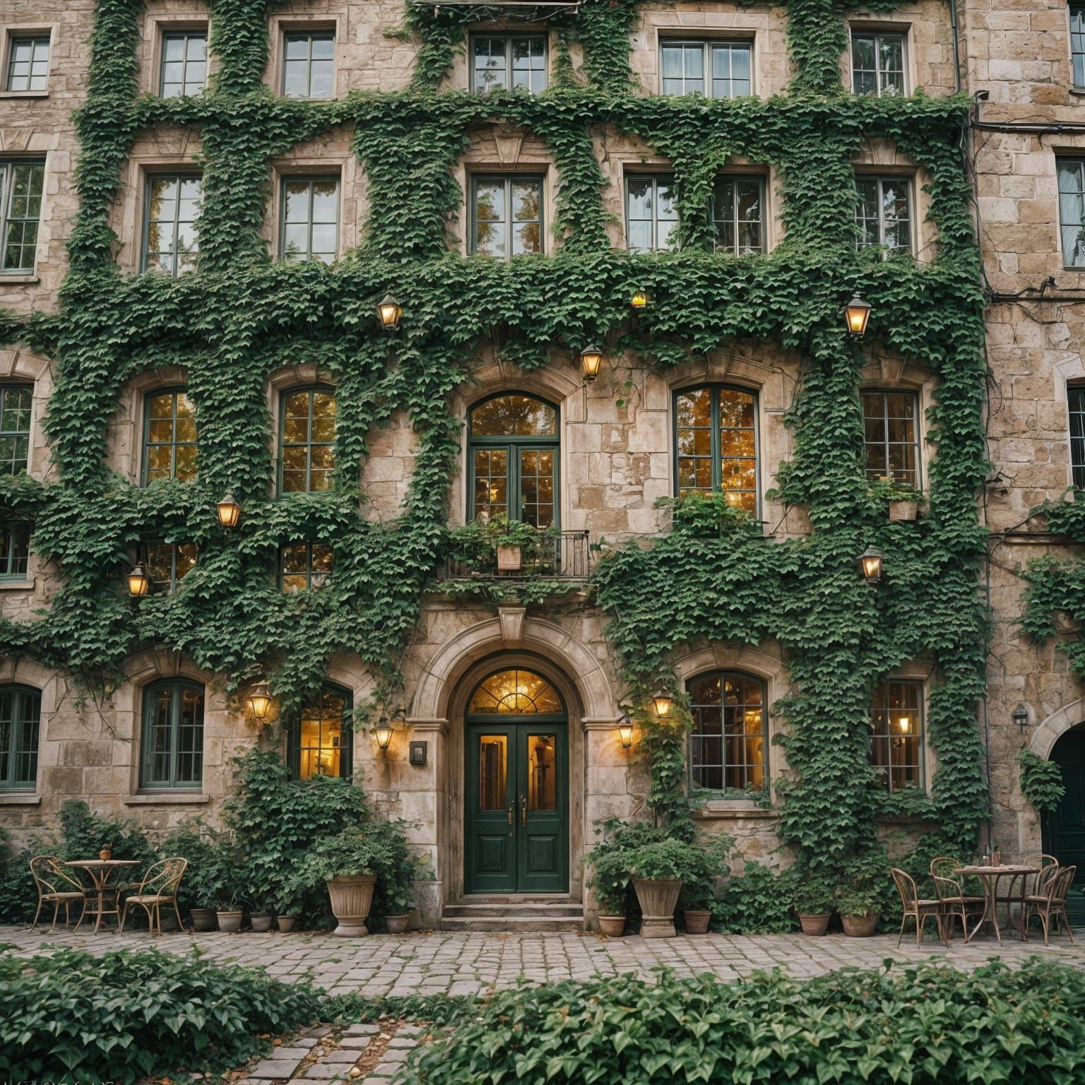 Ivy-covered Building with Glowing Windows