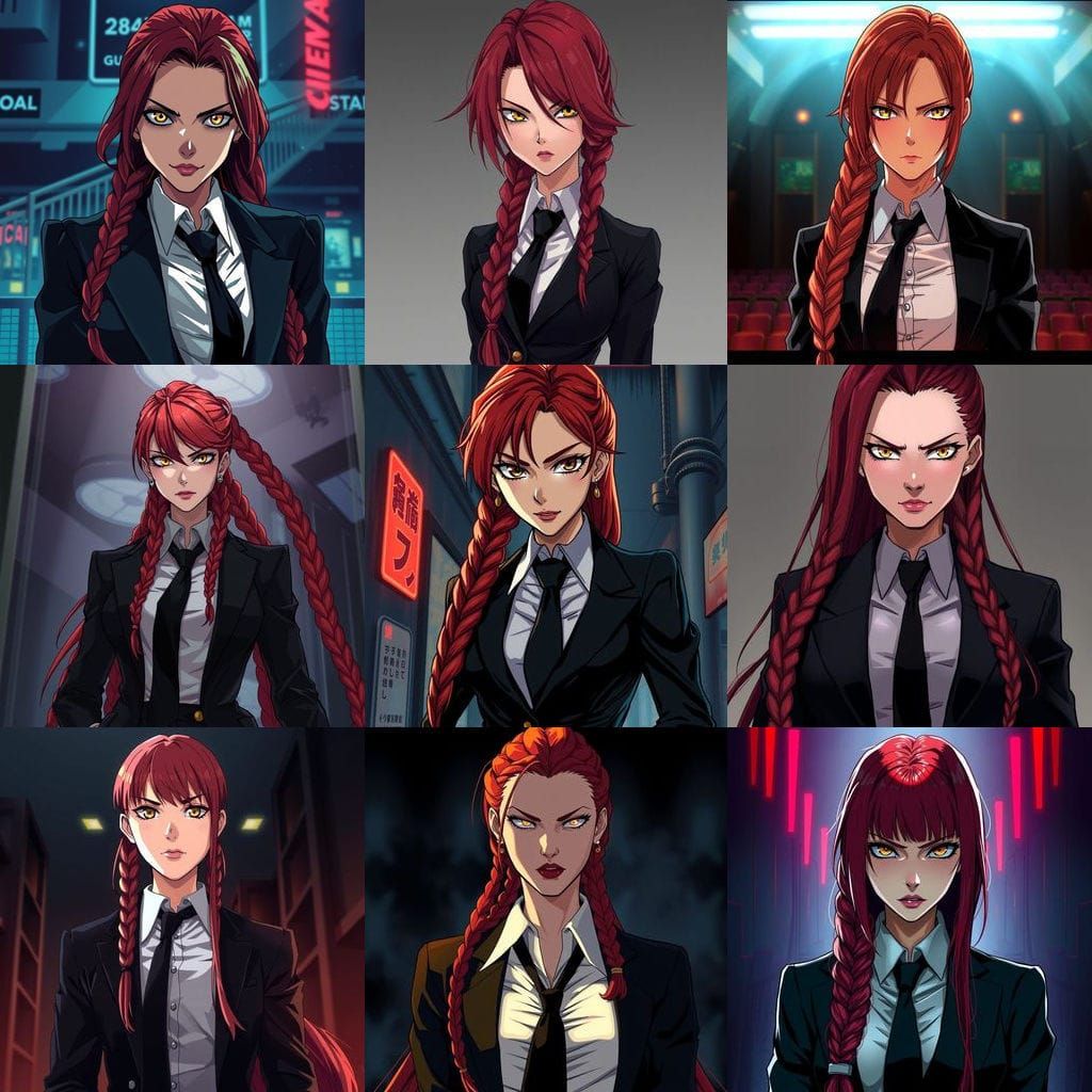 Anime Woman with Red Hair and Golden Eyes