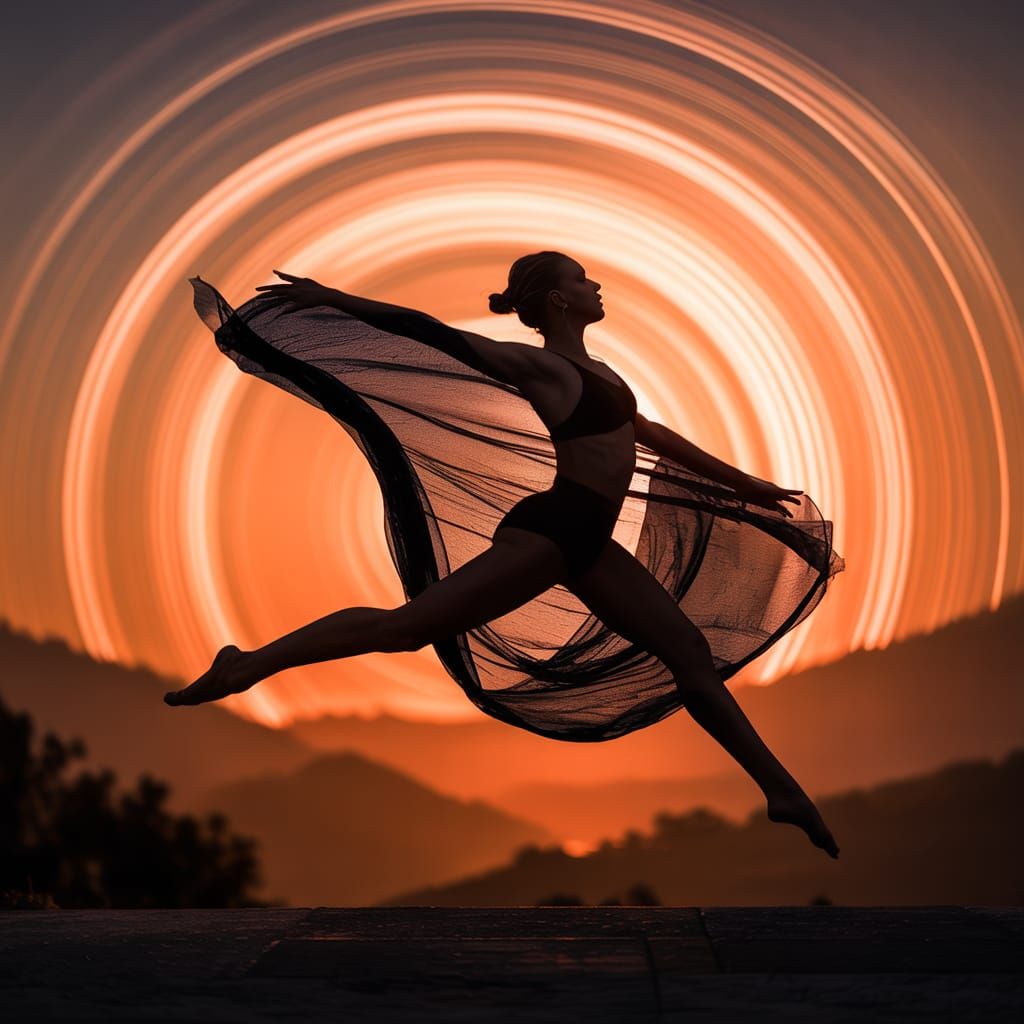 Dancer Mid-Leap Against Fiery Sunset Silhouette