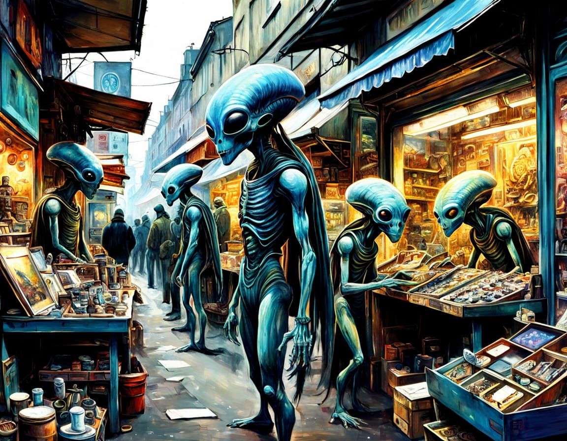 Alien Flea Market in Oil Painting Style