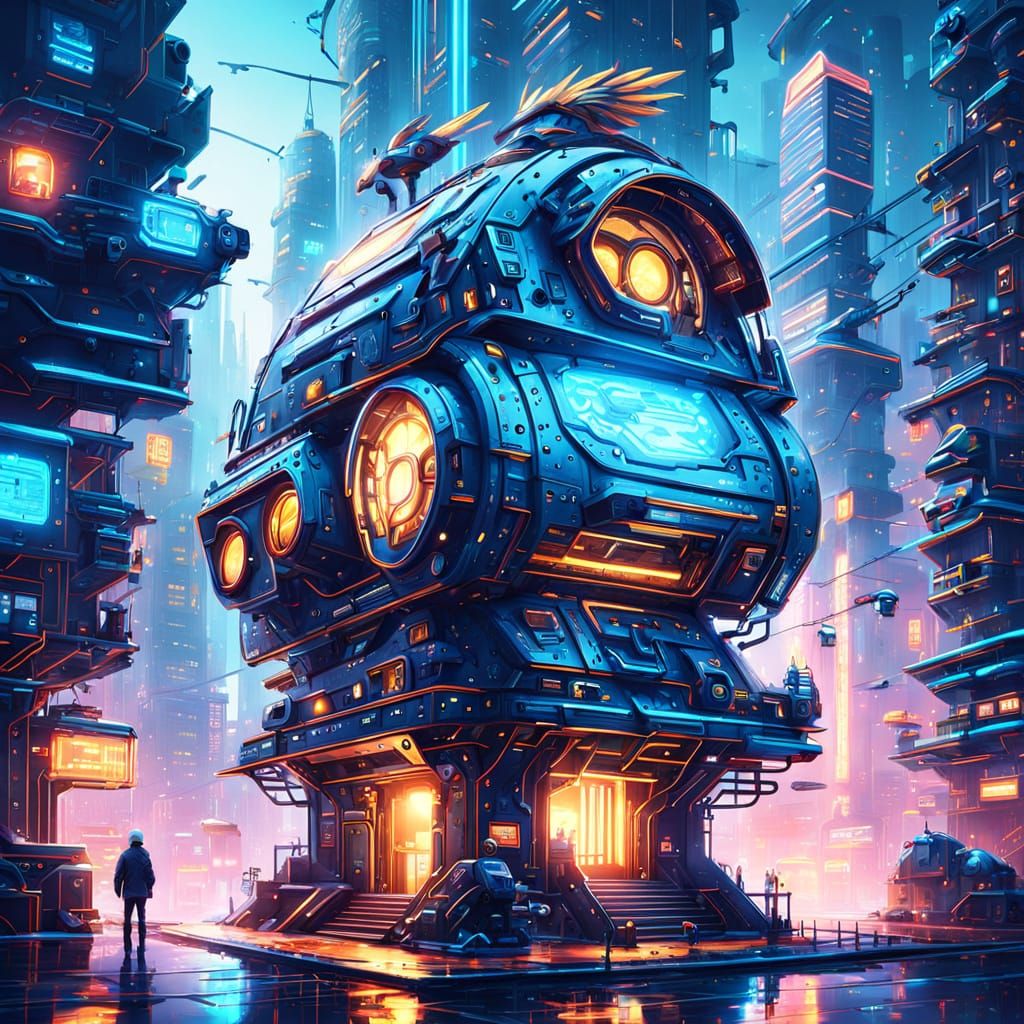 Futuristic Mechanical Birdhouse in Neon Cityscape