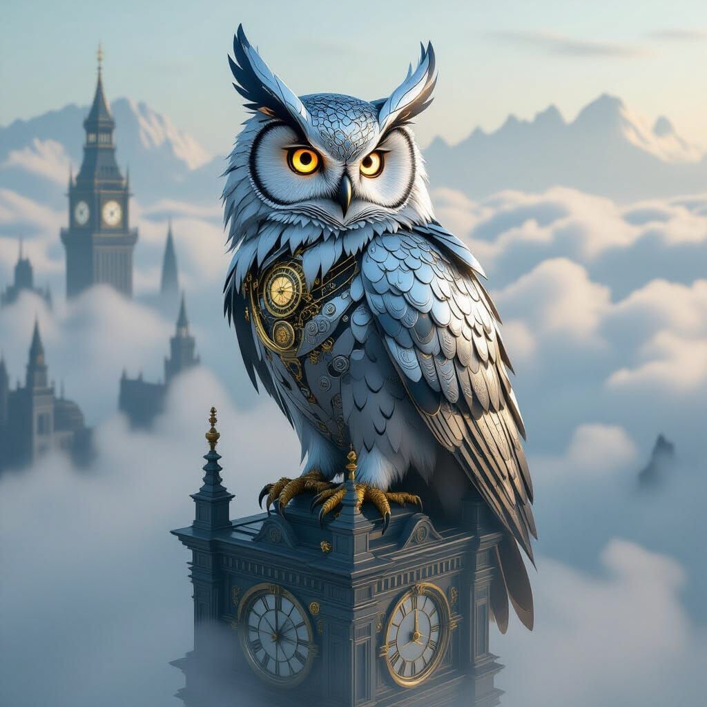 Mechanical Owl Perched Atop Clock Tower, Hyperrealistic Styl...