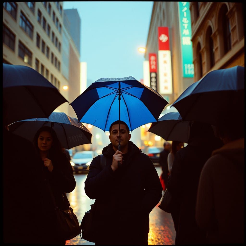 Rainy City Street Scene with Vibrant Blue Umbrella