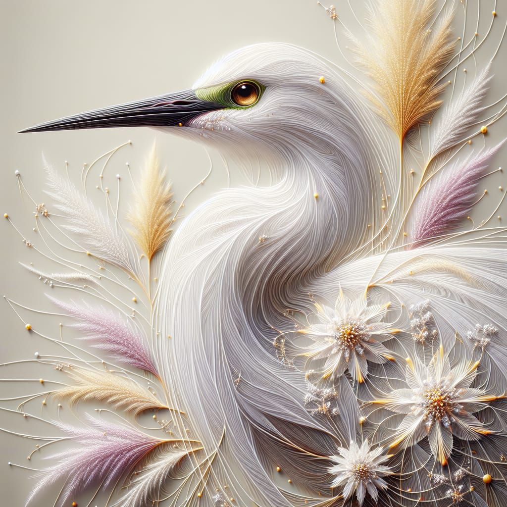 Detailed White Egret in Snowy Scene as 3D Art