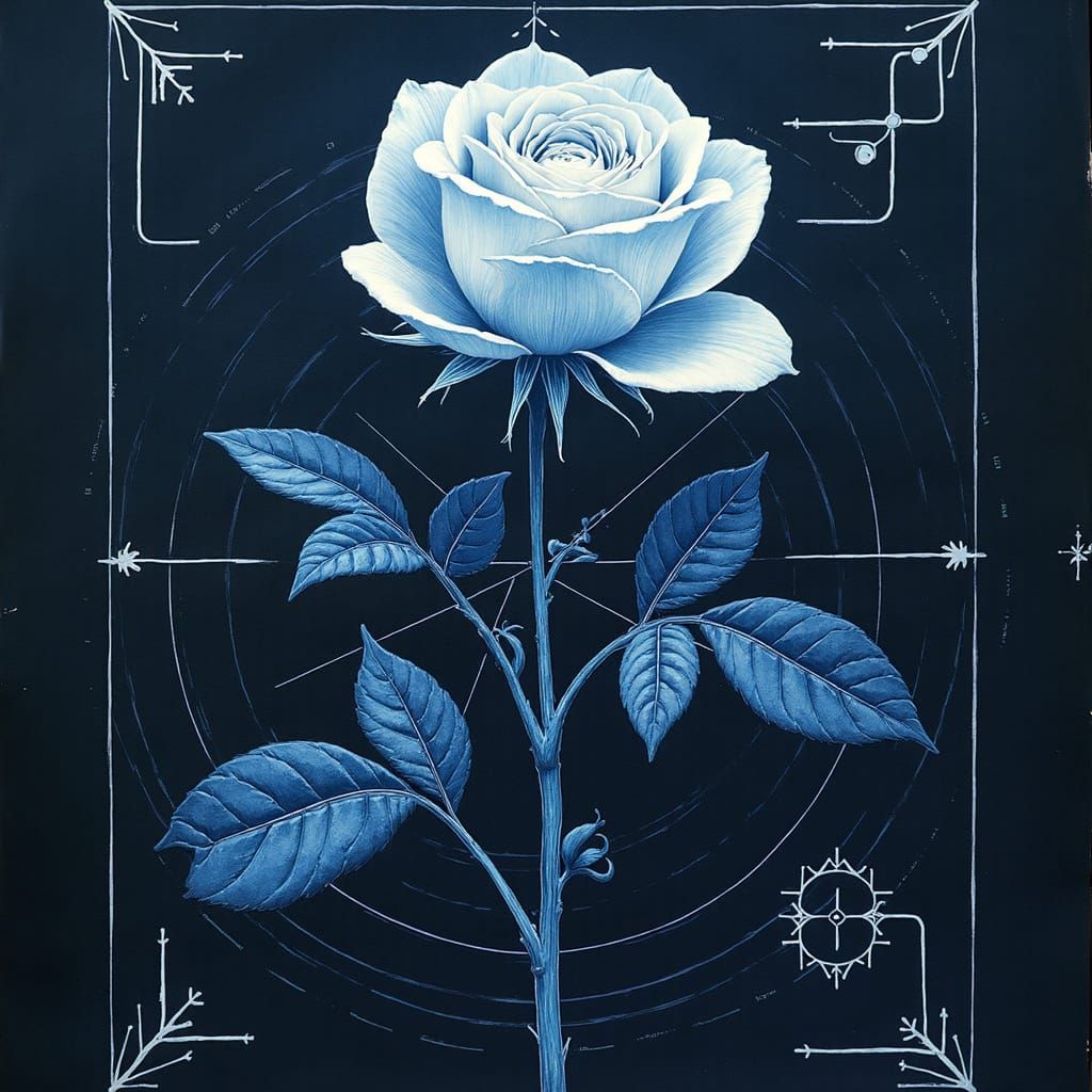 Hyperrealistic White Rose Diagram in Industrial Sci-Fi Style