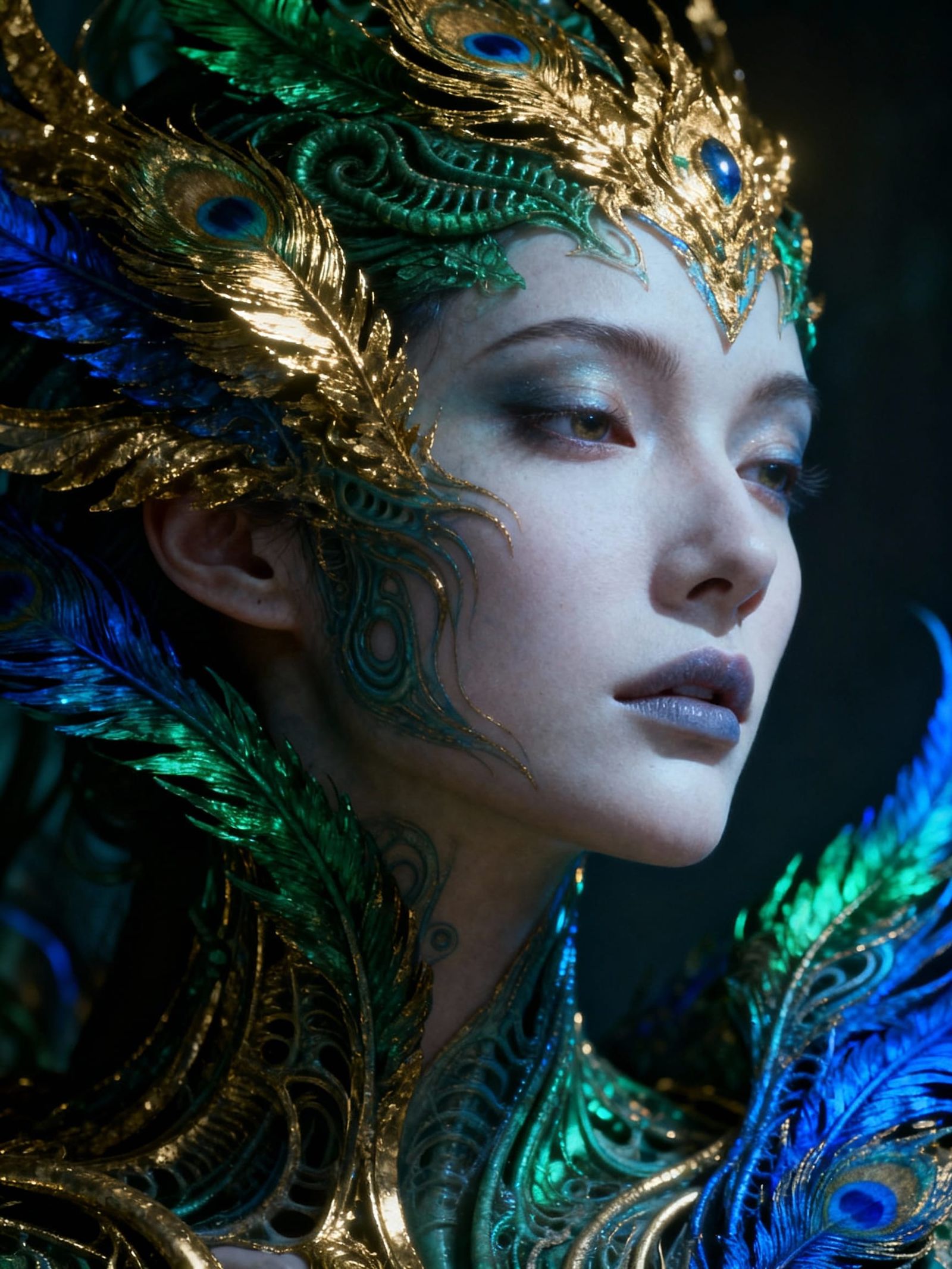 Hyper-Realistic Woman's Face Adorned with Golden Feathers