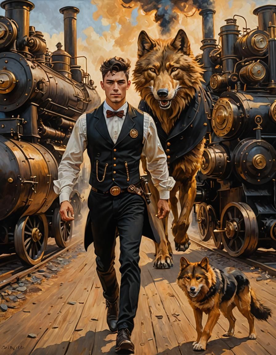 Steampunk Man Portrait as Impressionist Oil Painting